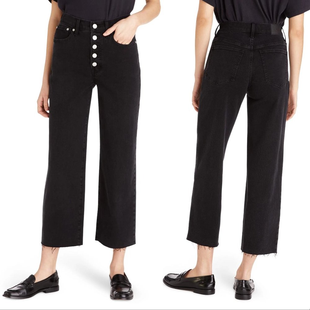 MADEWELL The Perfect Vintage Wide Leg Crop JEANS Size 31 Black Raw Hem NEW $138